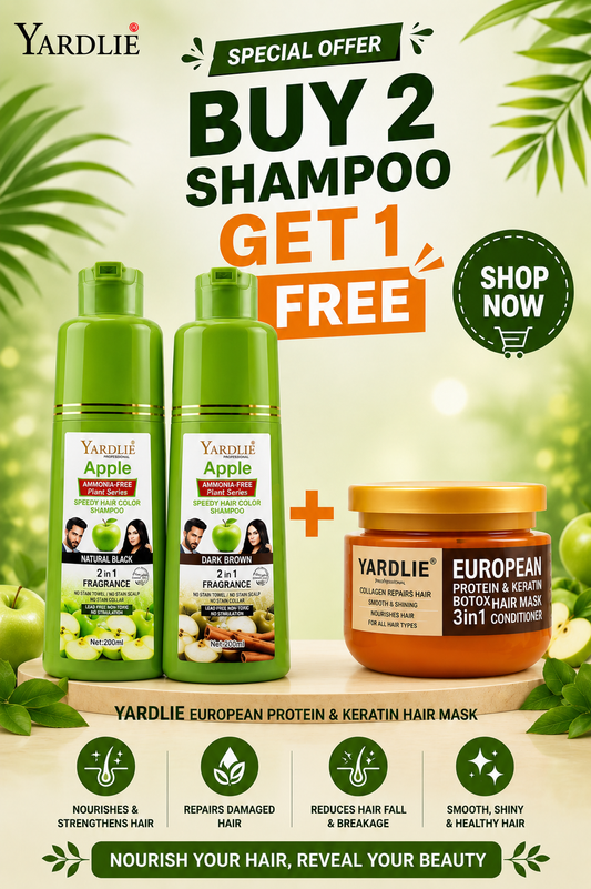 Yardlie Apple Dark Brown Light Brown & Natural Black Hair Color Shampoo and Yardlie European Protein and Keratin Hair Mask